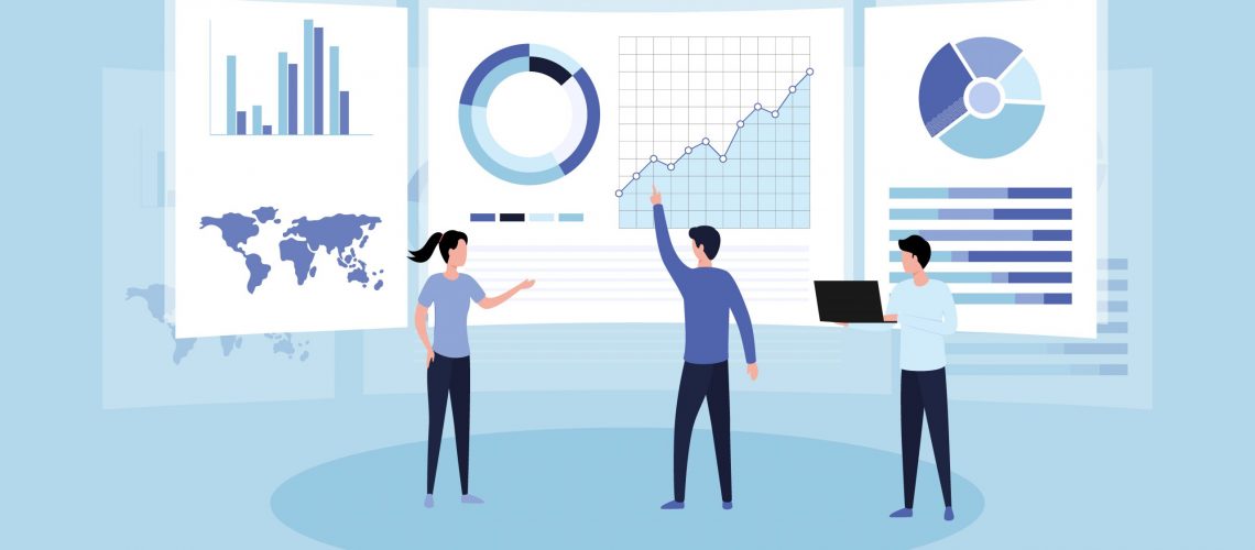 Data analysis concept. Teamwork of business analysts on holographic charts and diagrams of sales management statistics and operational reports, key performance indicators. Flat vector illustration