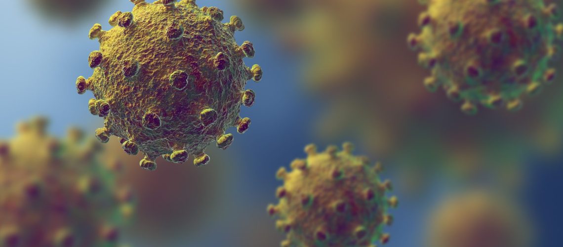 Flu or HIV coronavirus floating in fluid microscopic view, pandemic or virus infection concept - 3D illustration